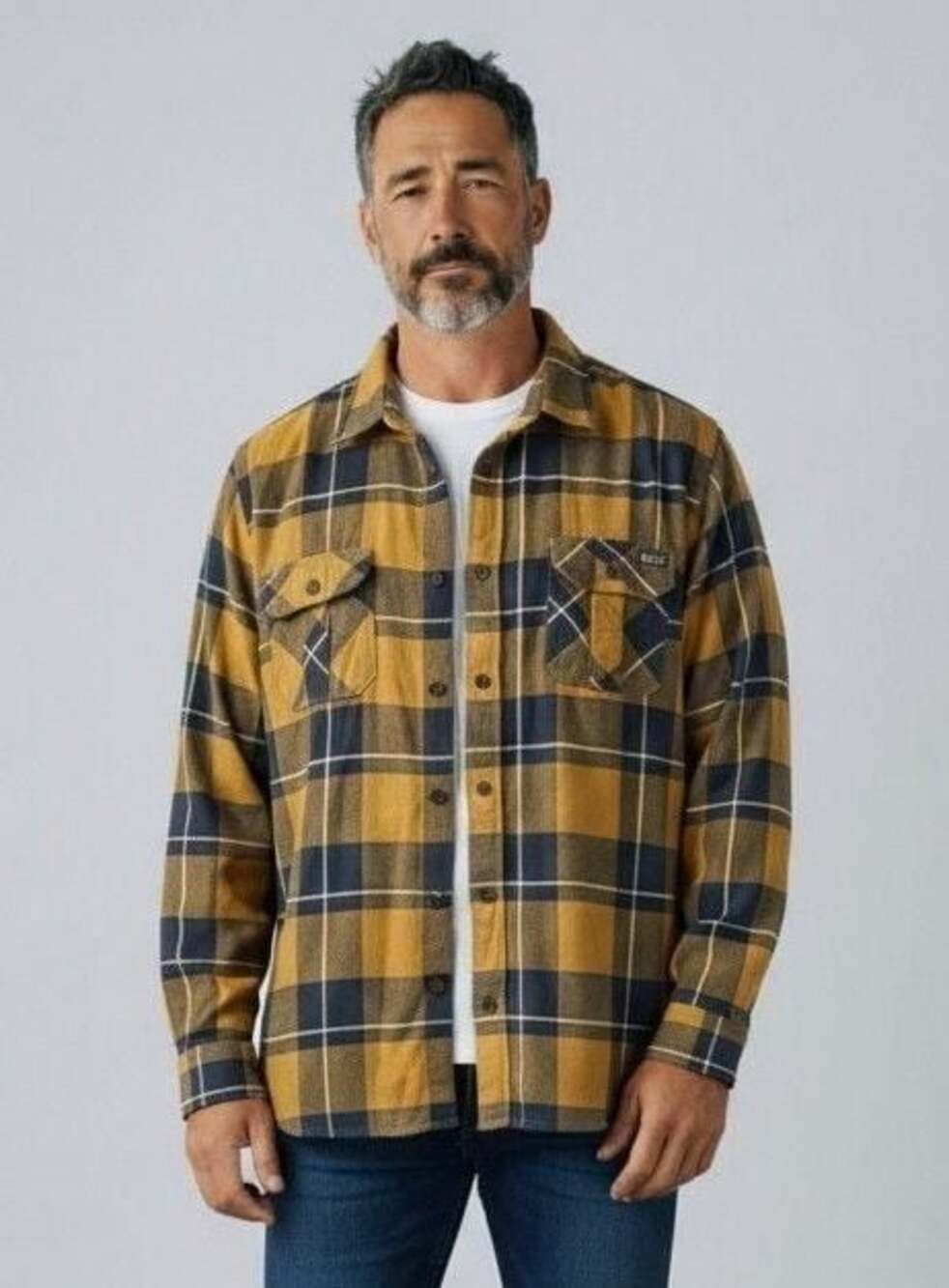 Salty Crew Men's Yellow and Navy Plaid Long Sleeve Flannel Button-Up Shirt
